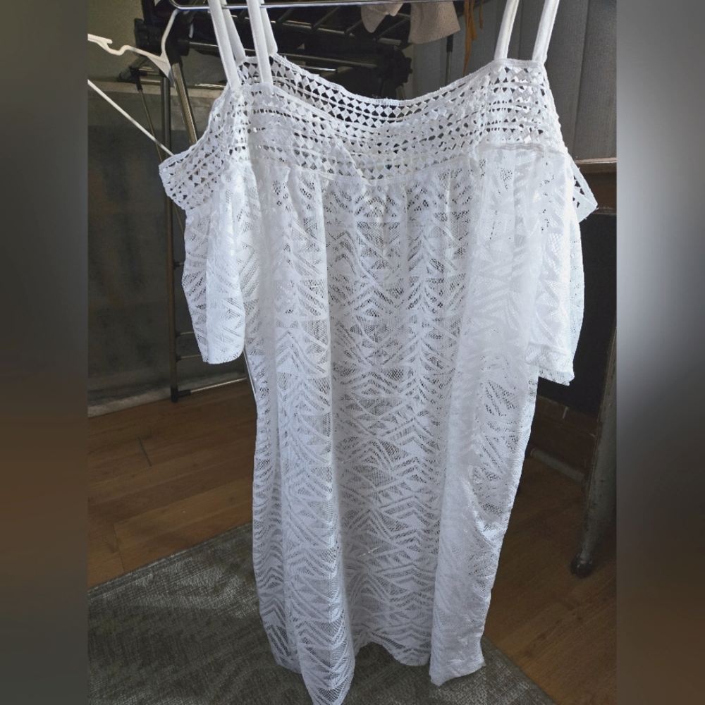Women's Short Off the Shoulder Cover Up Swim Dress White Size XL NWOT
